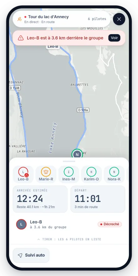 La balade en direct sur téléphone : six pilotes suivis sur la carte, une alerte qui signale qu'un pilote est à 3,6 km derrière le groupe, et l'heure d'arrivée estimée.