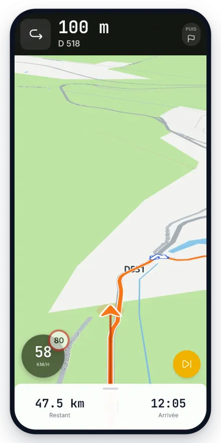 L'écran GO sur téléphone : la prochaine manœuvre dans 100 m, la vitesse à 58 km/h avec la limite à 80, 47,5 km restants et l'heure d'arrivée.